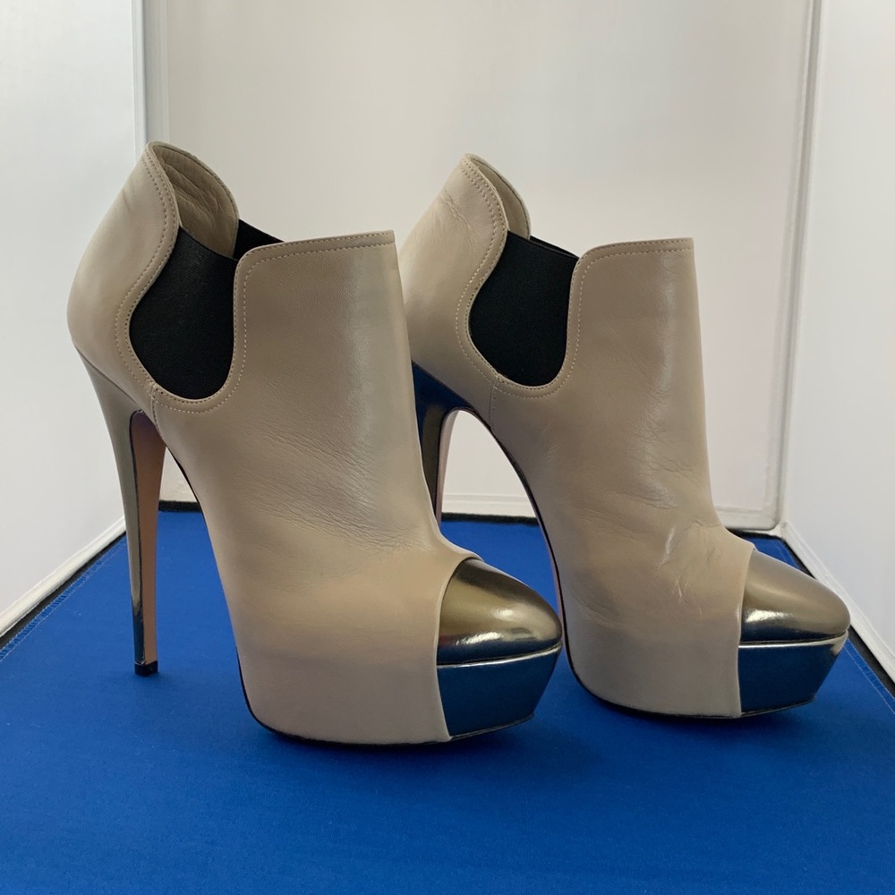 CASADEI Metallic Leather Cap Toe Platform Ankle Boots, Size US 9/EU 39, Nude
